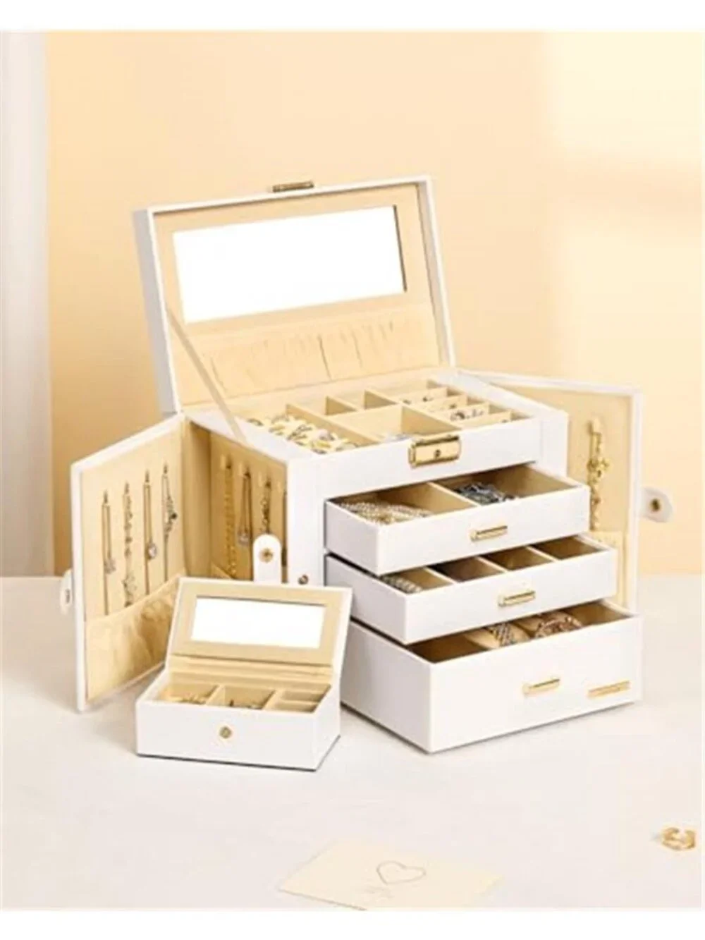 Jewelry Box Organizer With Mirror Lock Travel Case Necklace Ring Earring Storage